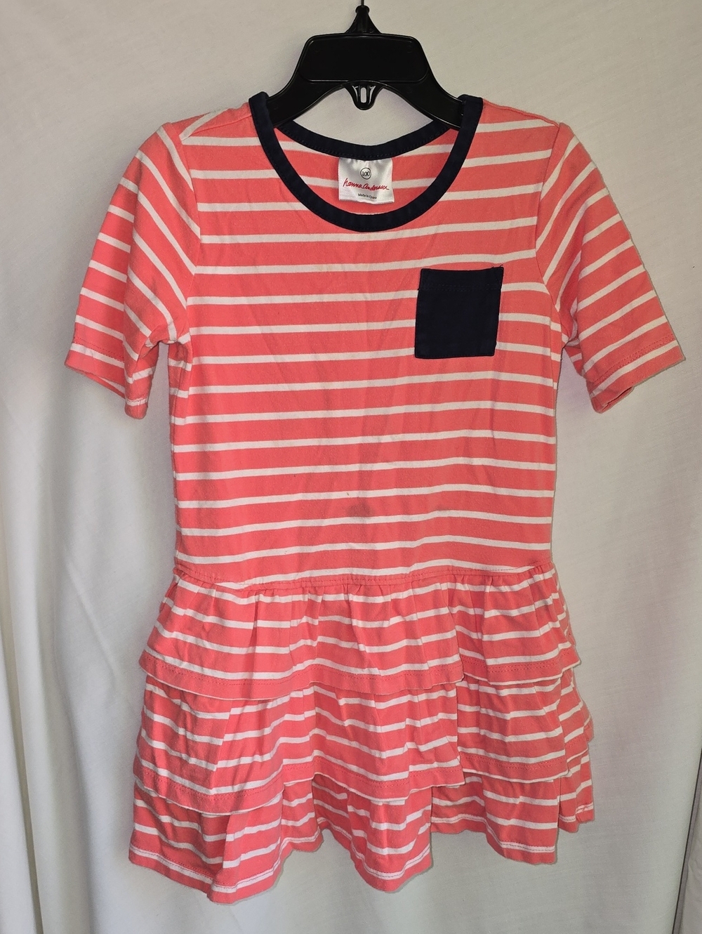 Hanna Andersson Coral & White Striped Short Sleeve Dress with Navy Pocket